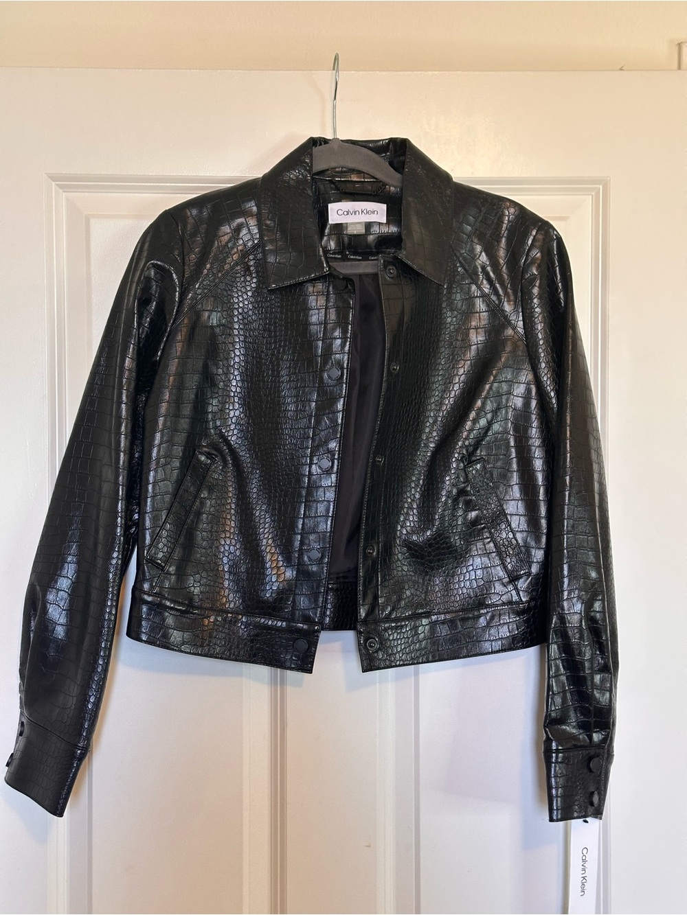 Calvin Klein Black Faux Croc Cropped Leather Jacket